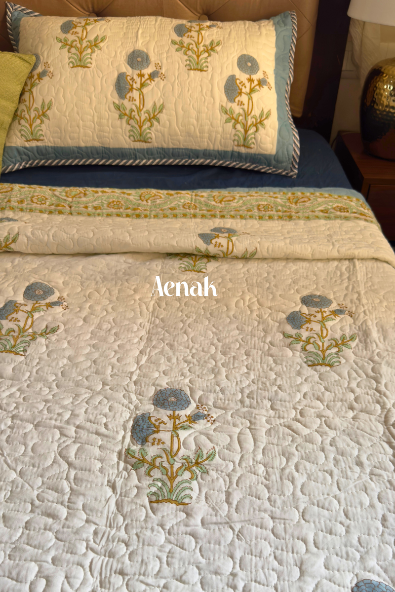 Blue Marigold Handblock Printed Reversible Quilted Cotton Bedcover