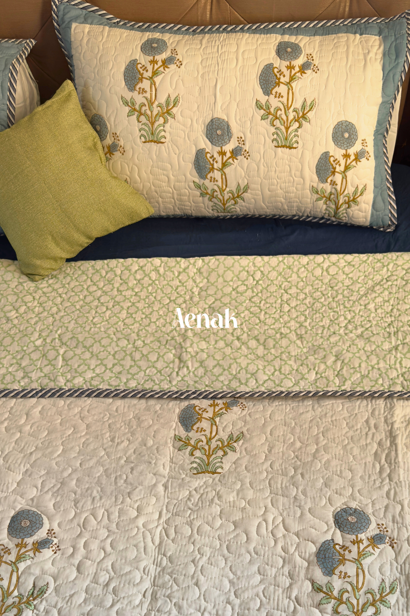 Blue Marigold Handblock Printed Reversible Quilted Cotton Bedcover