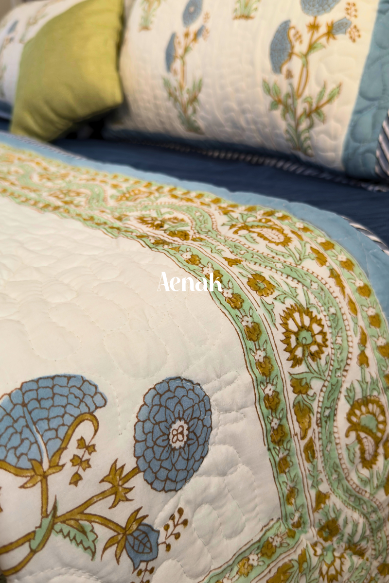 Blue Marigold Handblock Printed Reversible Quilted Cotton Bedcover
