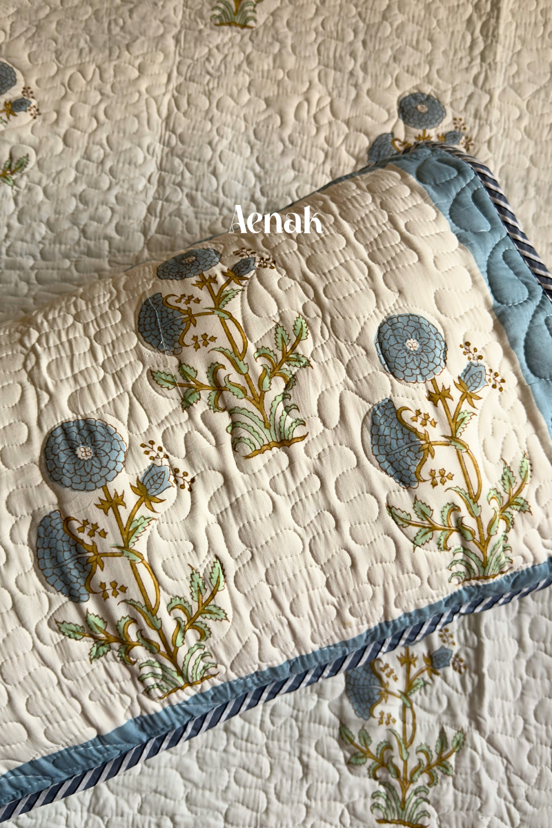 Blue Marigold Handblock Printed Reversible Quilted Cotton Bedcover