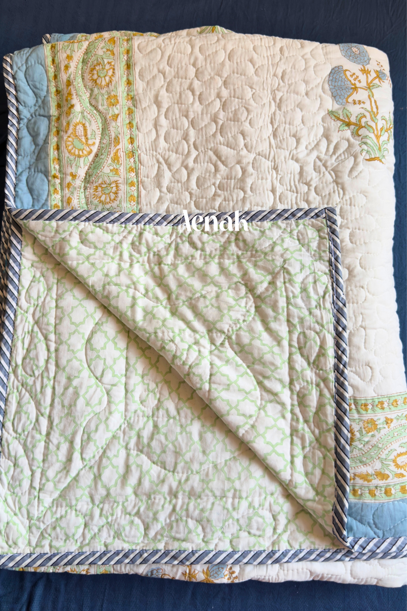 Blue Marigold Handblock Printed Reversible Quilted Cotton Bedcover