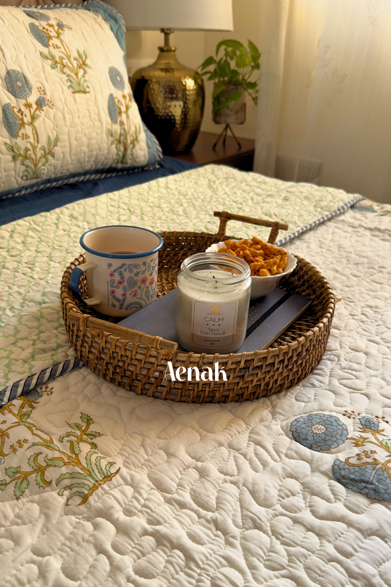 Blue Marigold Handblock Printed Reversible Quilted Cotton Bedcover