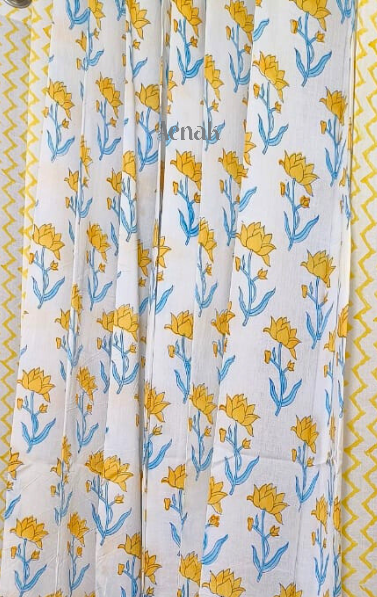 Yellow Pichwai Lotus Eyelet Handblock Curtains