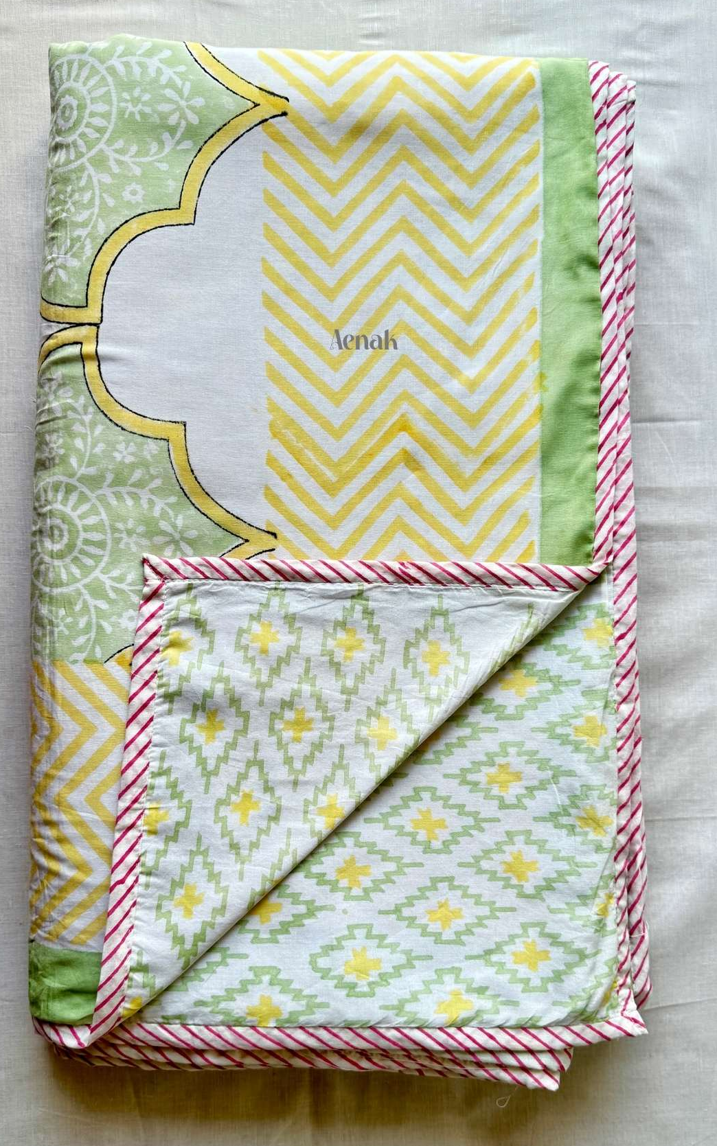 Mint Green & Yellow Handblock Bedsheet + Dohar Combo