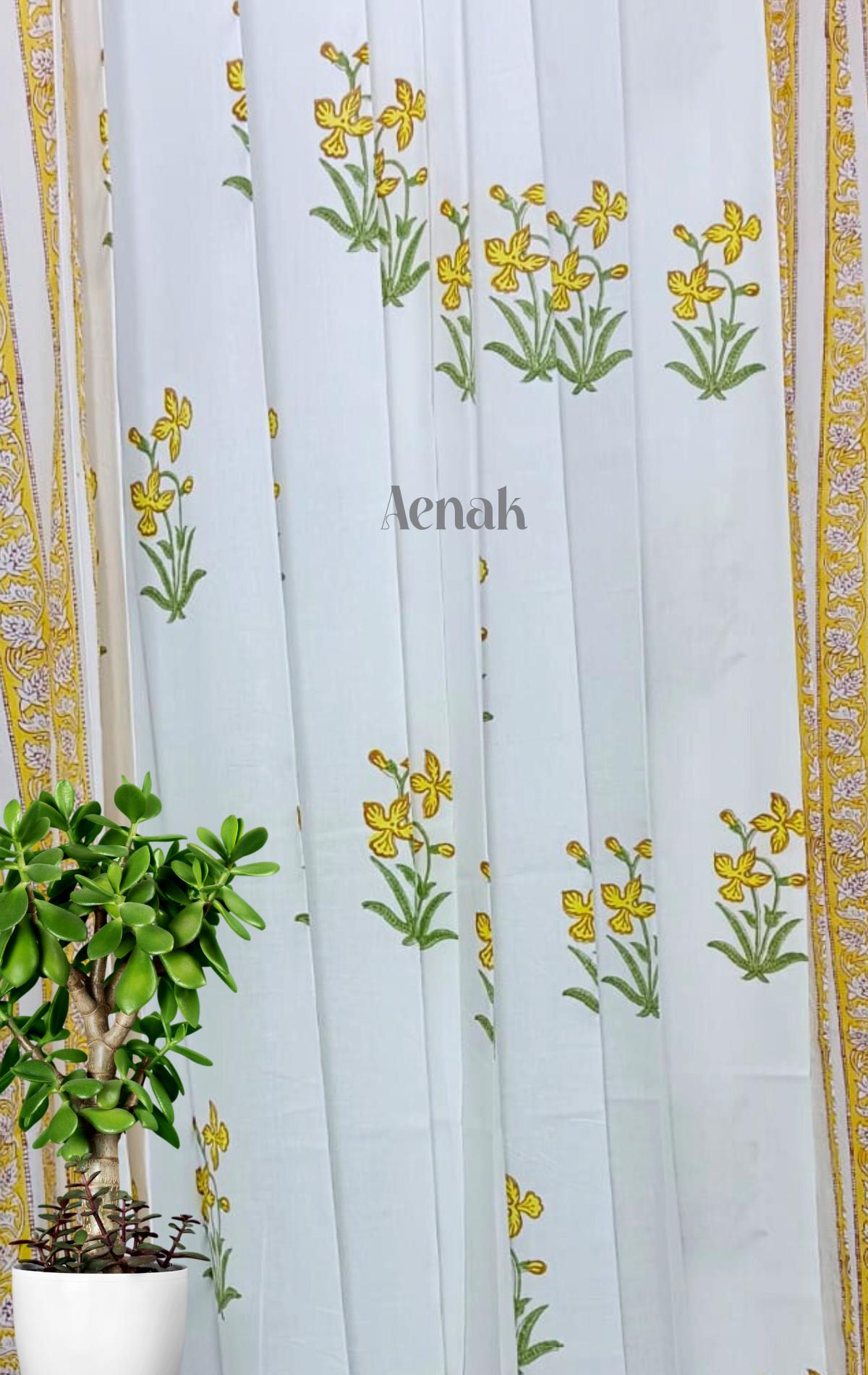 Yellow Periwinkle Eyelet Handblock Curtains