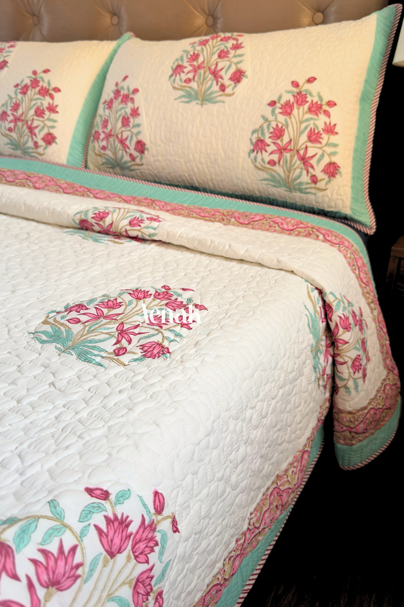 Pink Madhumati Handblock Printed Reversible Quilted Cotton Bedcover