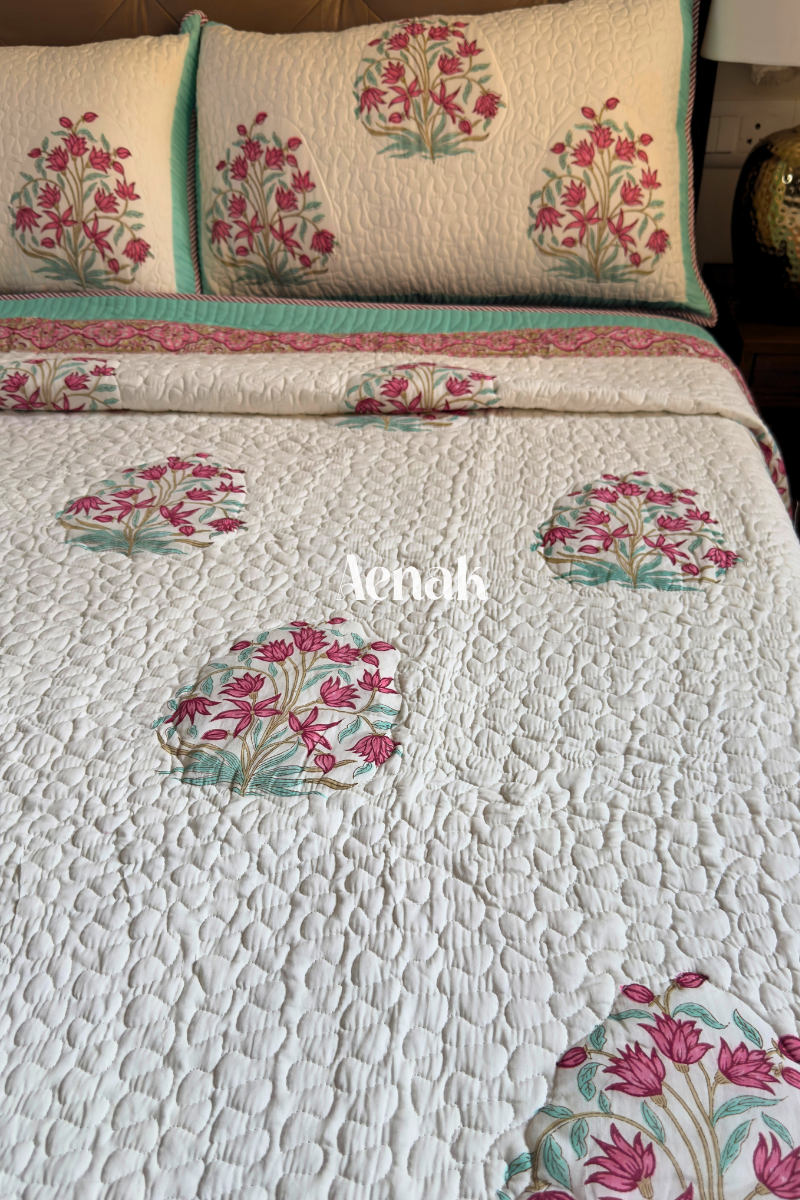 Pink Madhumati Handblock Printed Reversible Quilted Cotton Bedcover