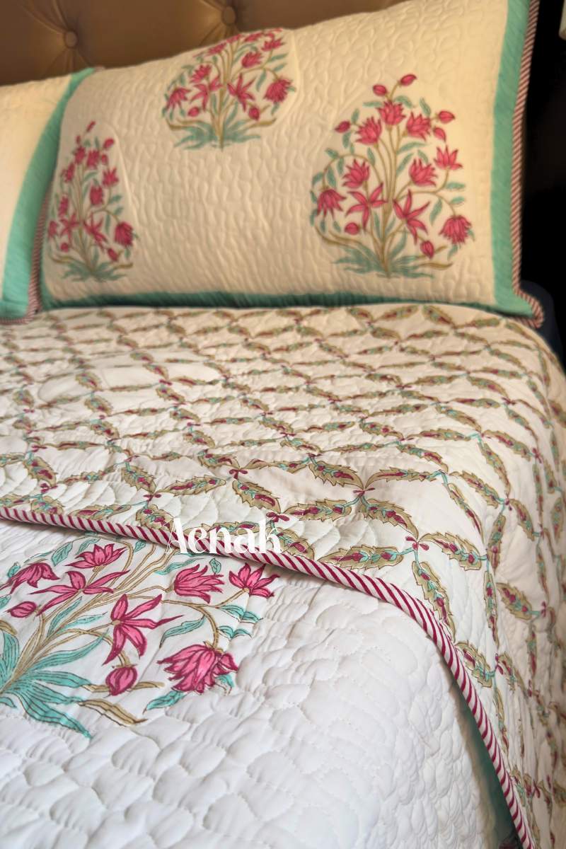 Pink Madhumati Handblock Printed Reversible Quilted Cotton Bedcover