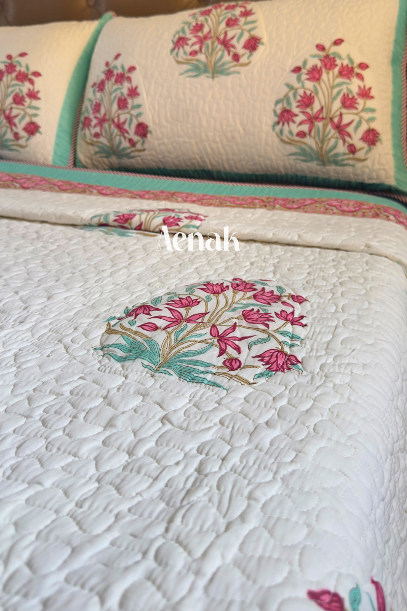 Pink Madhumati Handblock Printed Reversible Quilted Cotton Bedcover
