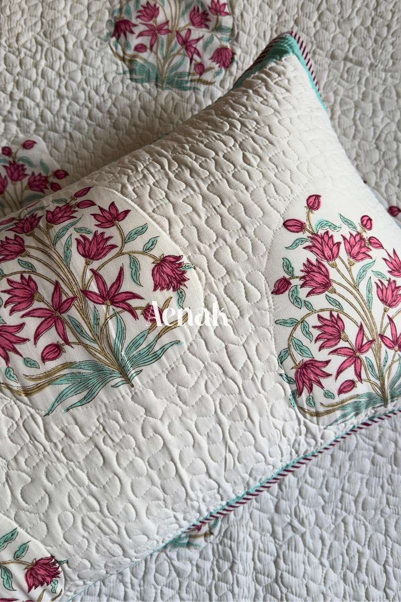 Pink Madhumati Handblock Printed Reversible Quilted Cotton Bedcover