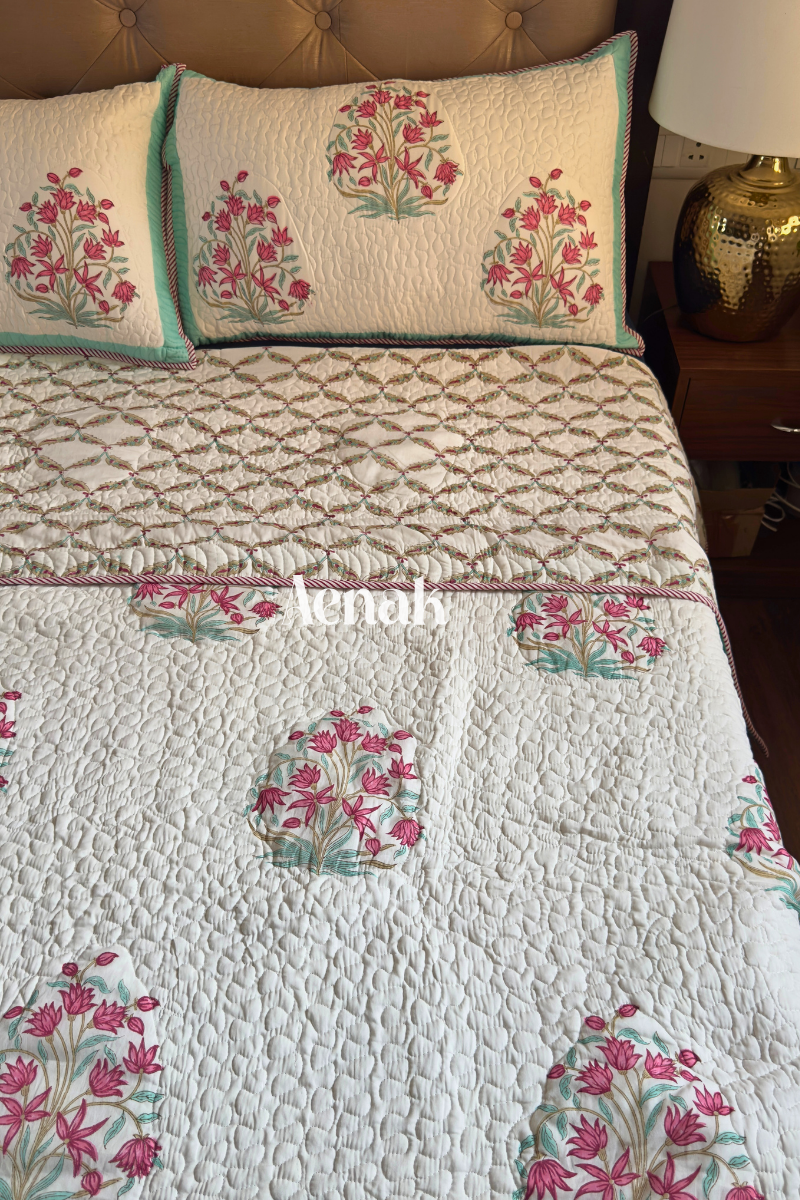 Pink Madhumati Handblock Printed Reversible Quilted Cotton Bedcover