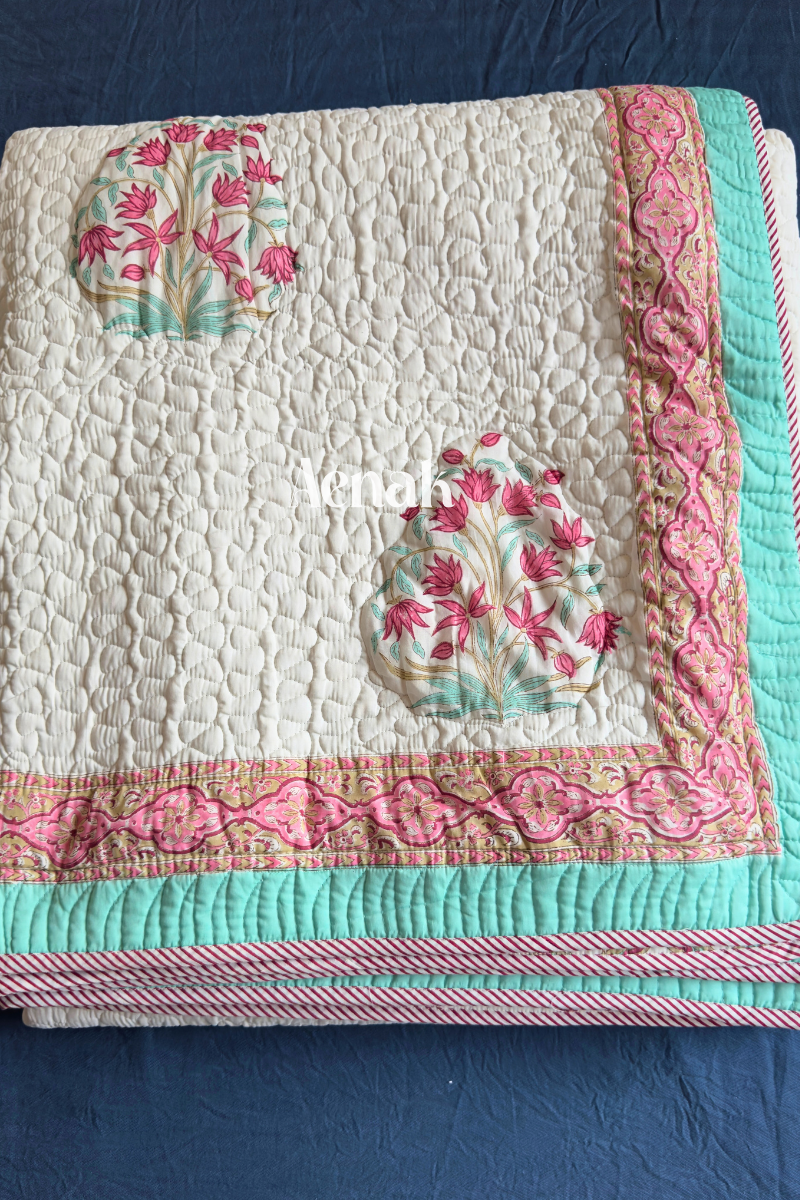 Pink Madhumati Handblock Printed Reversible Quilted Cotton Bedcover