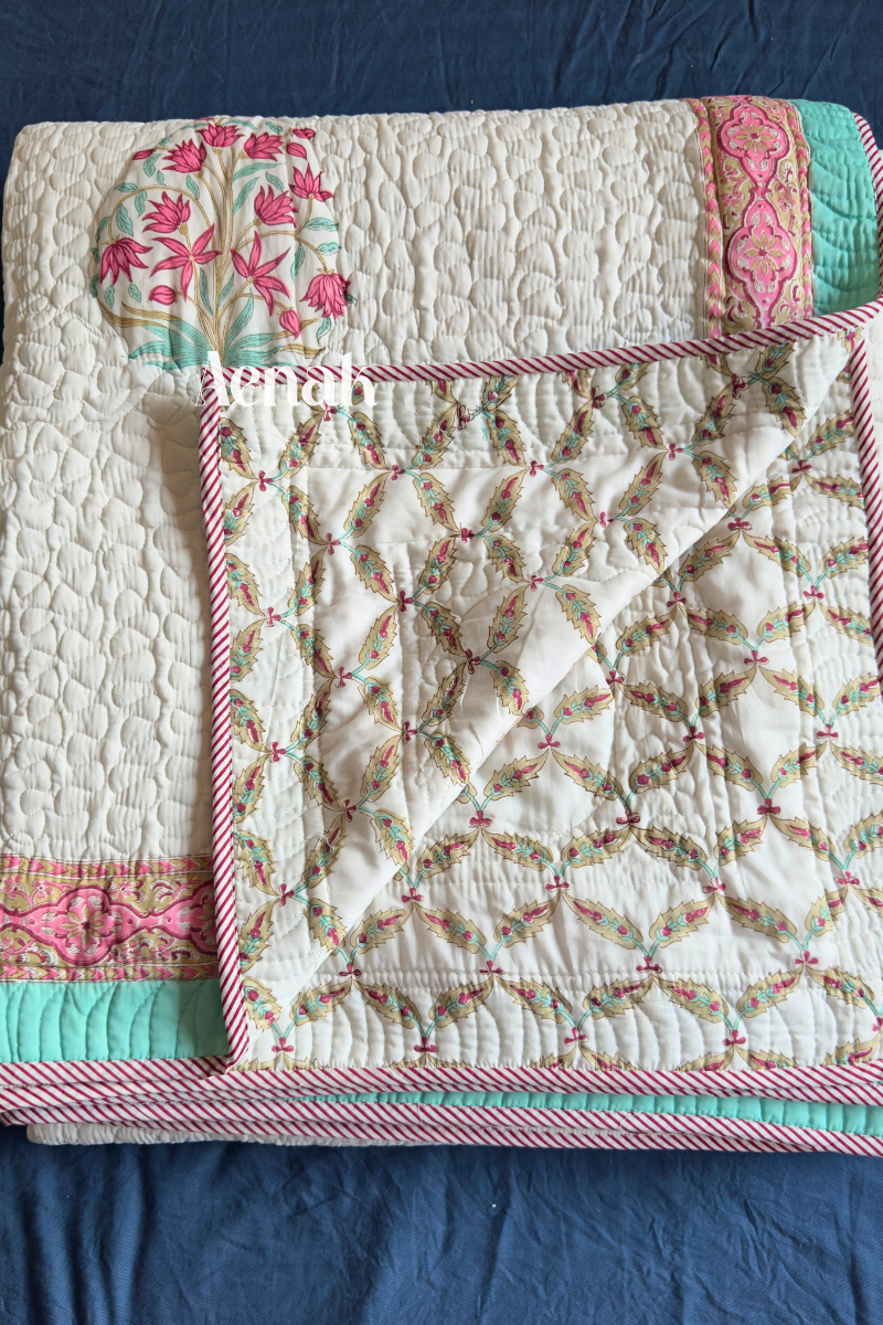 Pink Madhumati Handblock Printed Reversible Quilted Cotton Bedcover