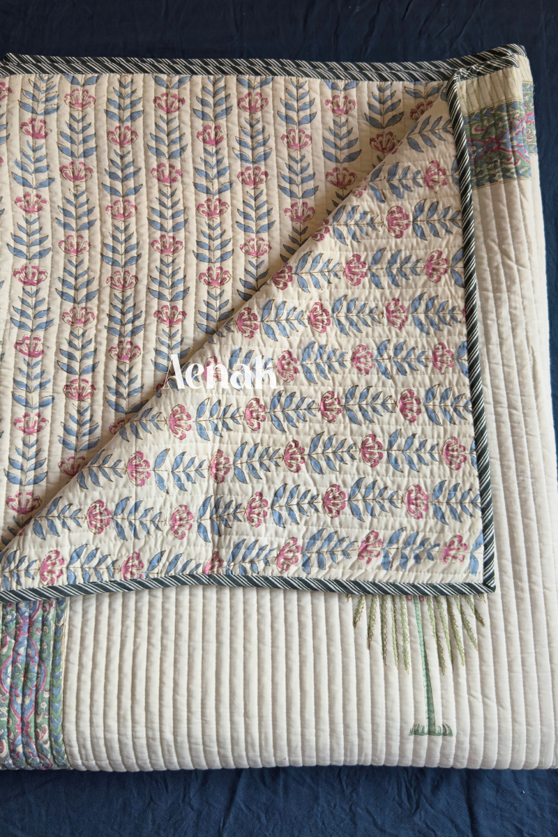 Royal Palm Handblock Printed Reversible Quilted Cotton Bedcover
