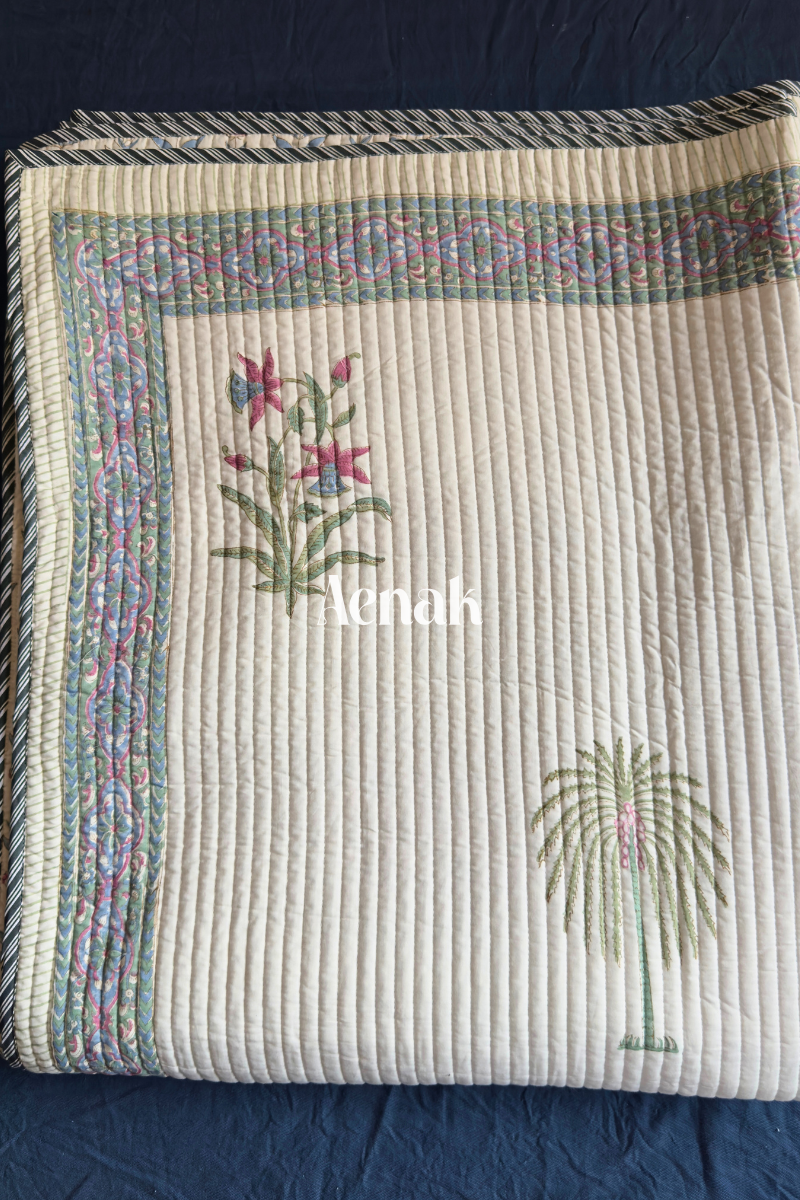 Royal Palm Handblock Printed Reversible Quilted Cotton Bedcover