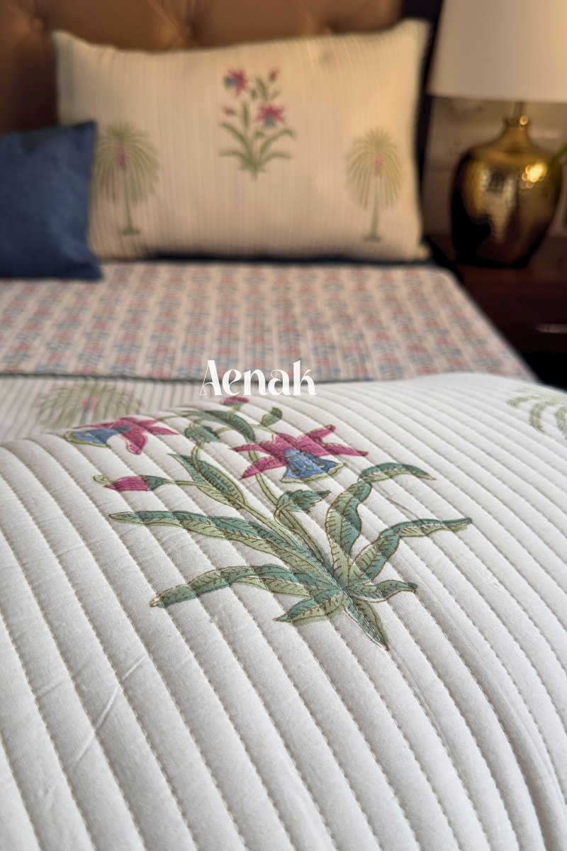 Royal Palm Handblock Printed Reversible Quilted Cotton Bedcover