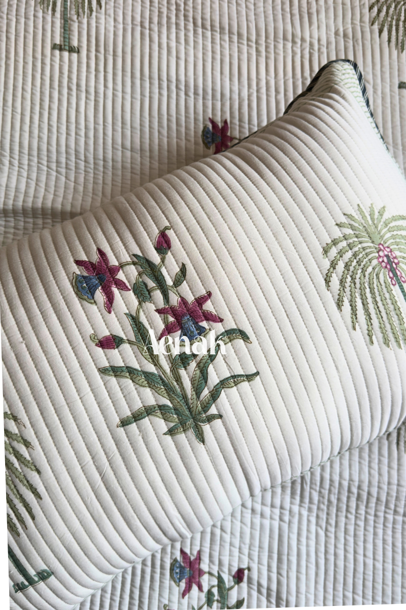 Royal Palm Handblock Printed Reversible Quilted Cotton Bedcover