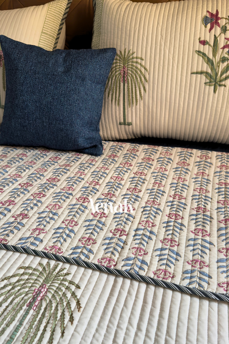 Royal Palm Handblock Printed Reversible Quilted Cotton Bedcover