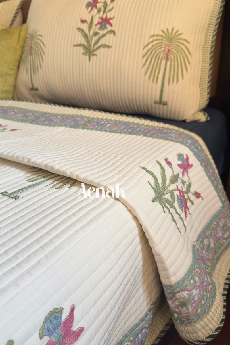 Royal Palm Handblock Printed Reversible Quilted Cotton Bedcover