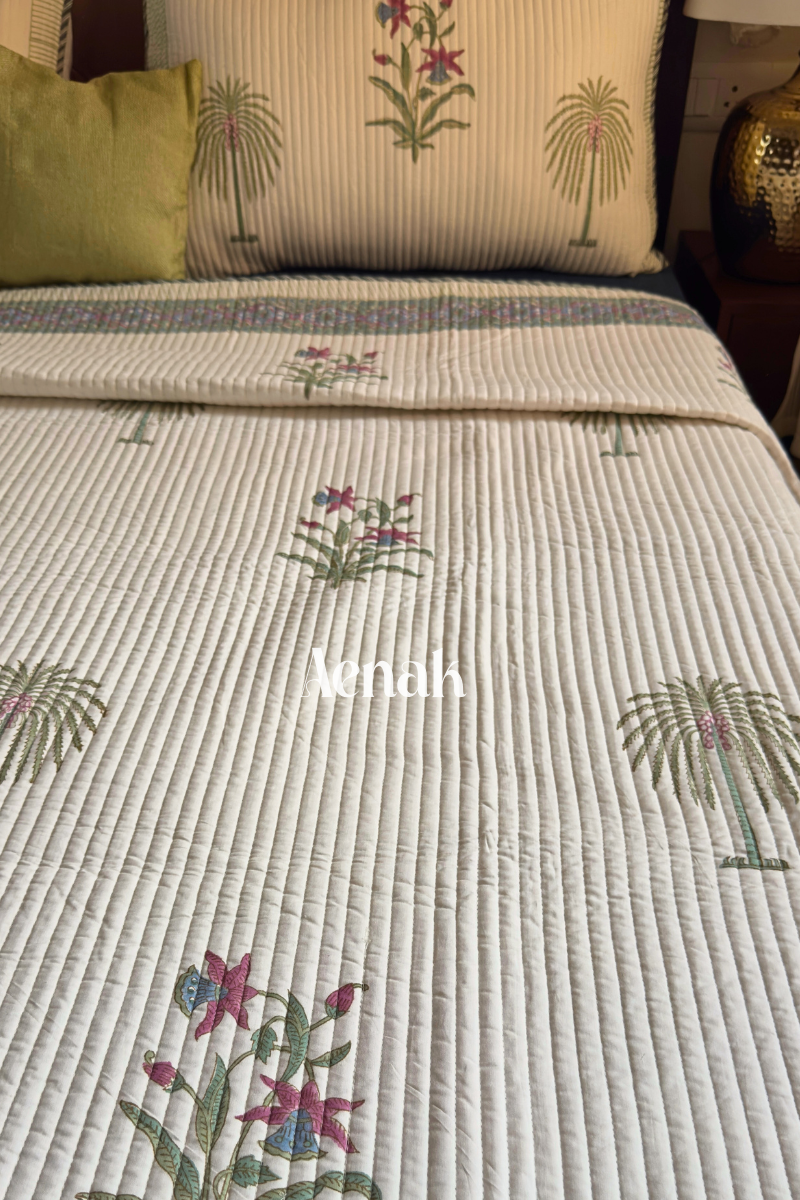Royal Palm Handblock Printed Reversible Quilted Cotton Bedcover