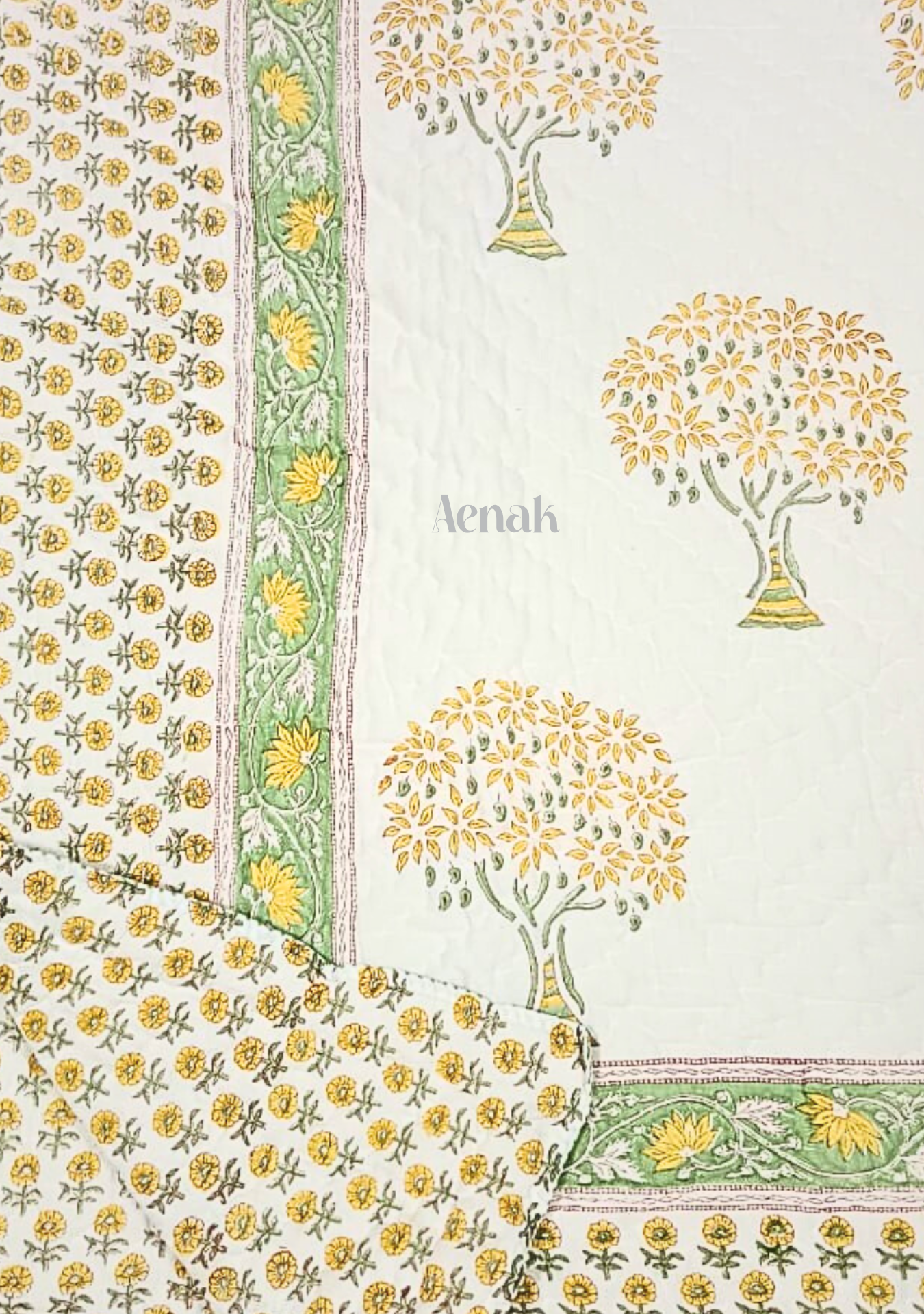 Yellow Buddha Tree Handblock Printed Reversible Mulmul Cotton Quilt