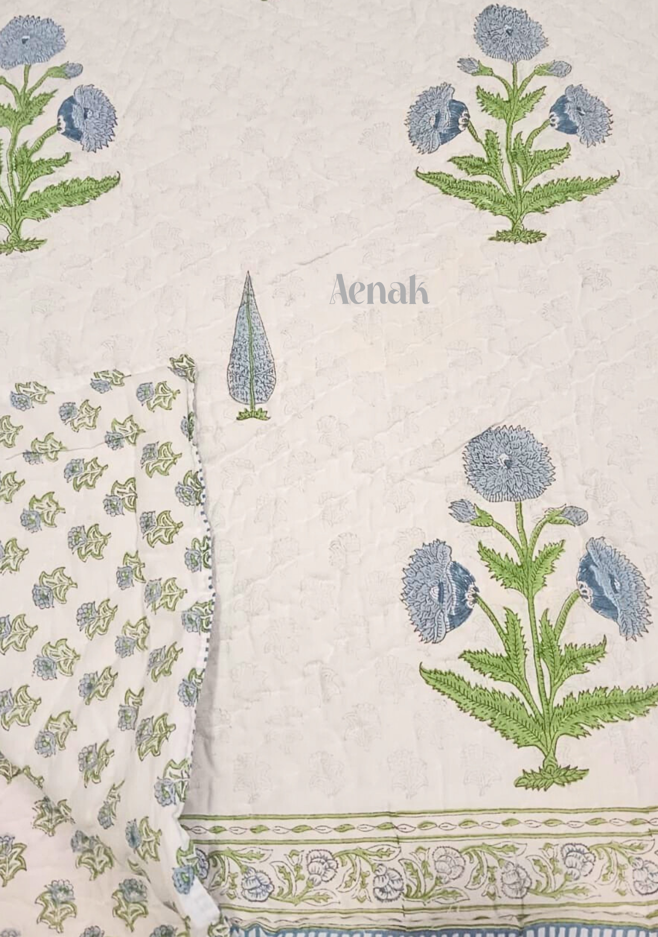 Blue Dahlia Handblock Bedsheet + Quilt Combo
