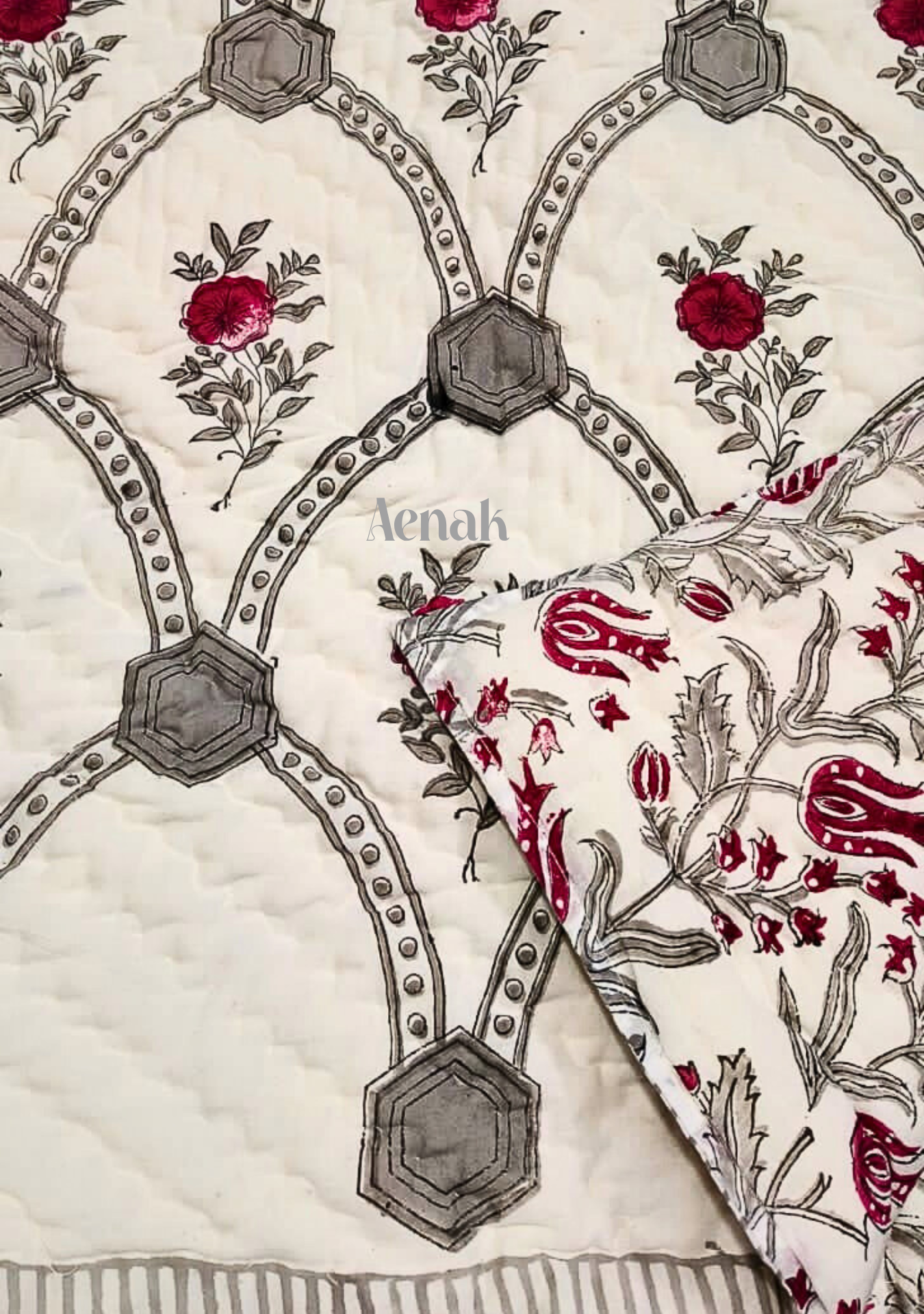 Grey Jaal Handblock Bedsheet + Quilt Combo