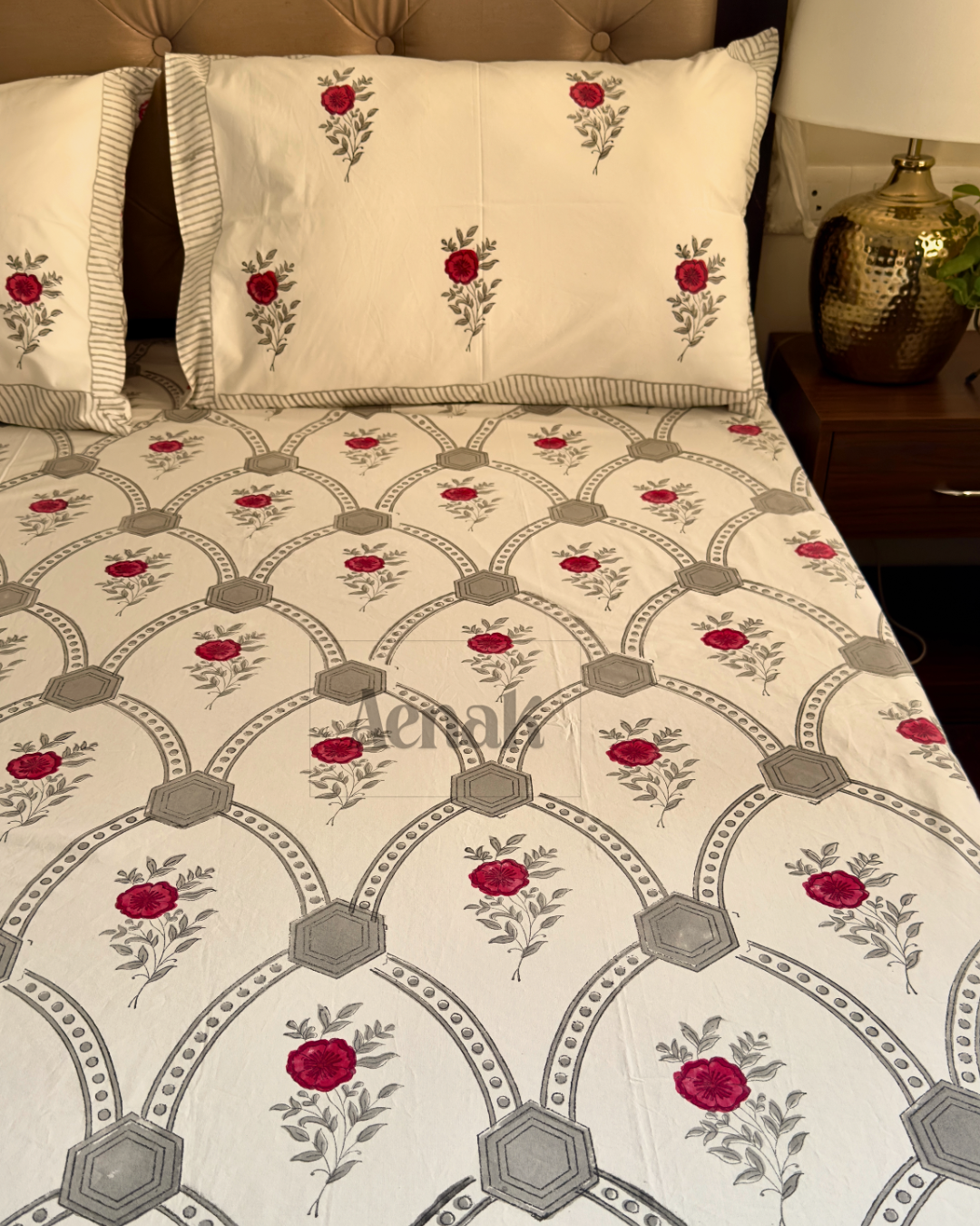 Grey Jaal Handblock Printed Premium Cotton Bedsheet