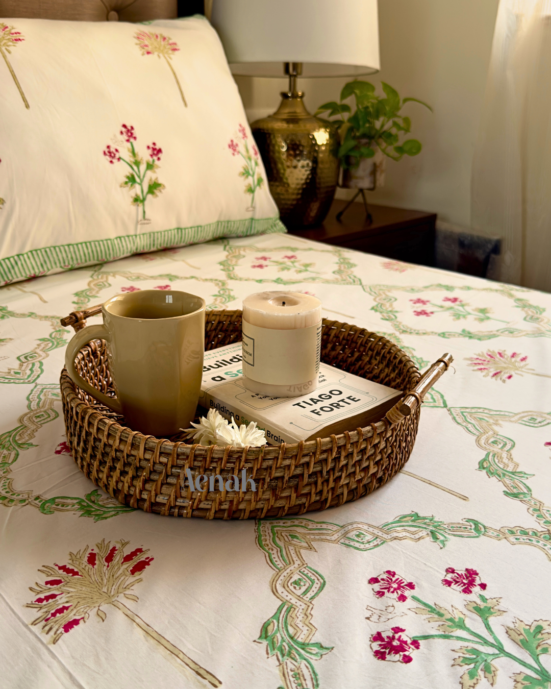 Pink Palm Jaal Handblock Printed Premium Cotton Bedsheet