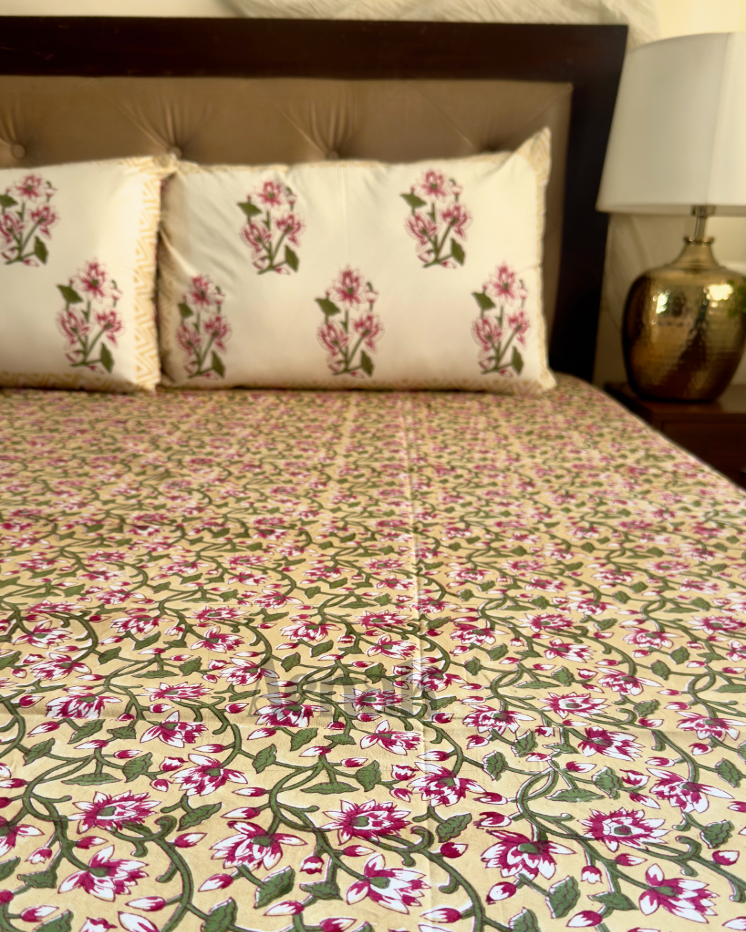 Beige Floral Jaal Handblock Printed Premium Cotton Bedsheet
