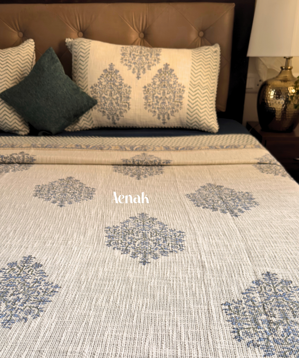 Blue Boota Handblock Printed Jute Cotton Bedcover