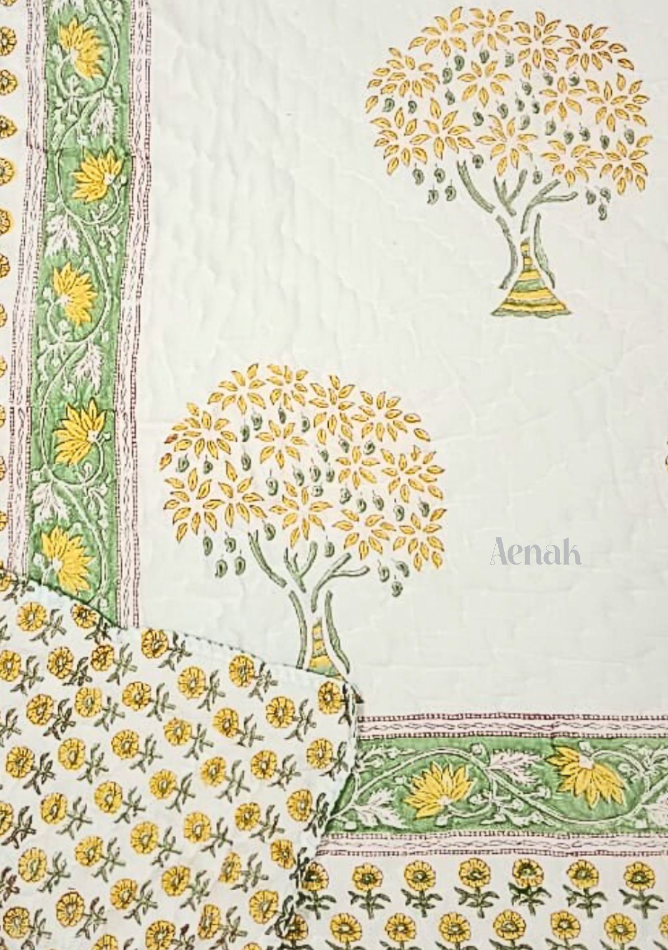 Yellow Bodhi Tree Handblock Reversible Mulmul Cotton Quilt