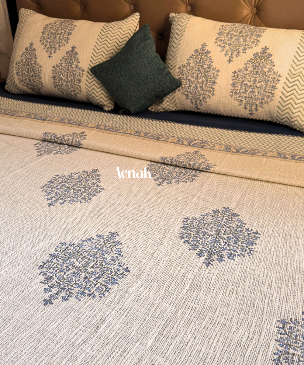 Blue Boota Handblock Printed Jute Cotton Bedcover