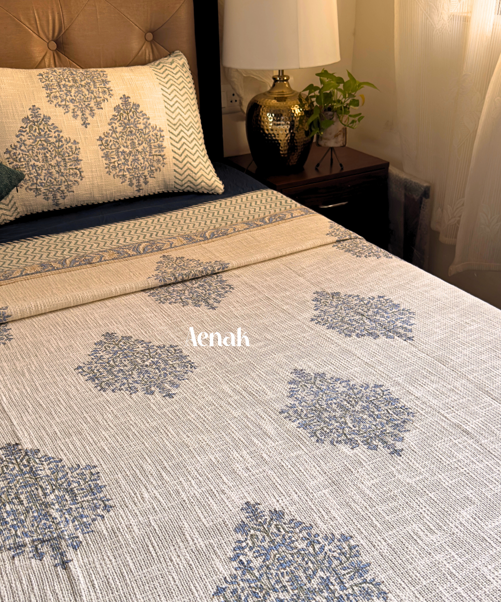 Blue Boota Handblock Printed Jute Cotton Bedcover