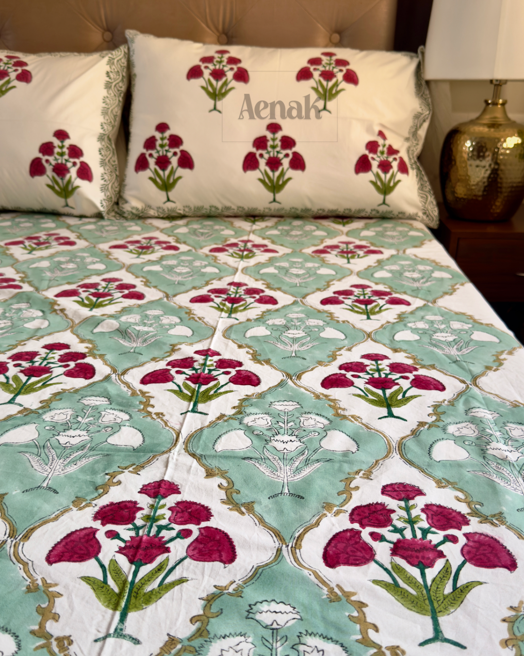 Green & Red Dahlia Handblock Printed Premium Cotton Bedsheet
