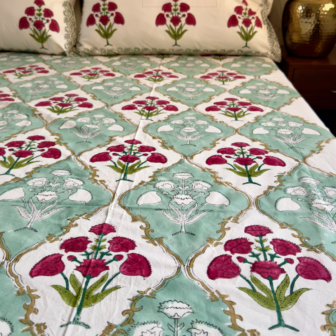 Green & Red Dahlia Handblock Printed Premium Cotton Fitted Bedsheet