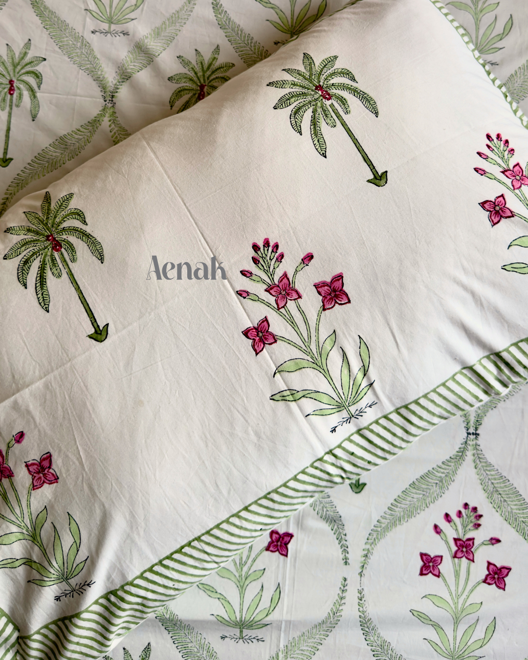 Green Palm Handblock Printed Premium Cotton Bedsheet
