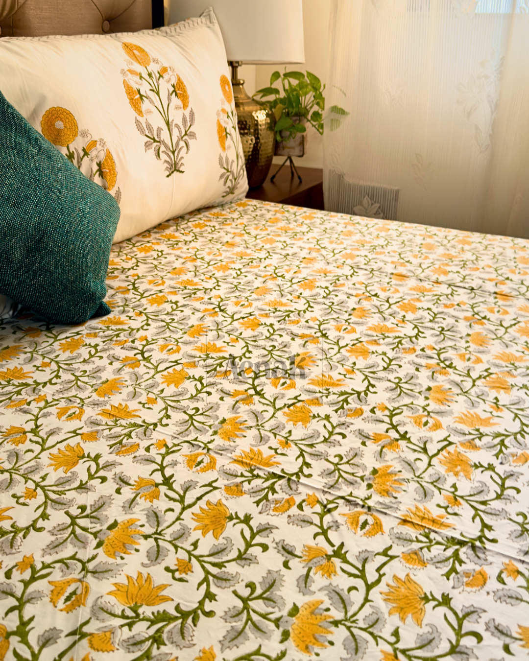 Yellow Marigold Handblock Printed Premium Cotton Bedsheet