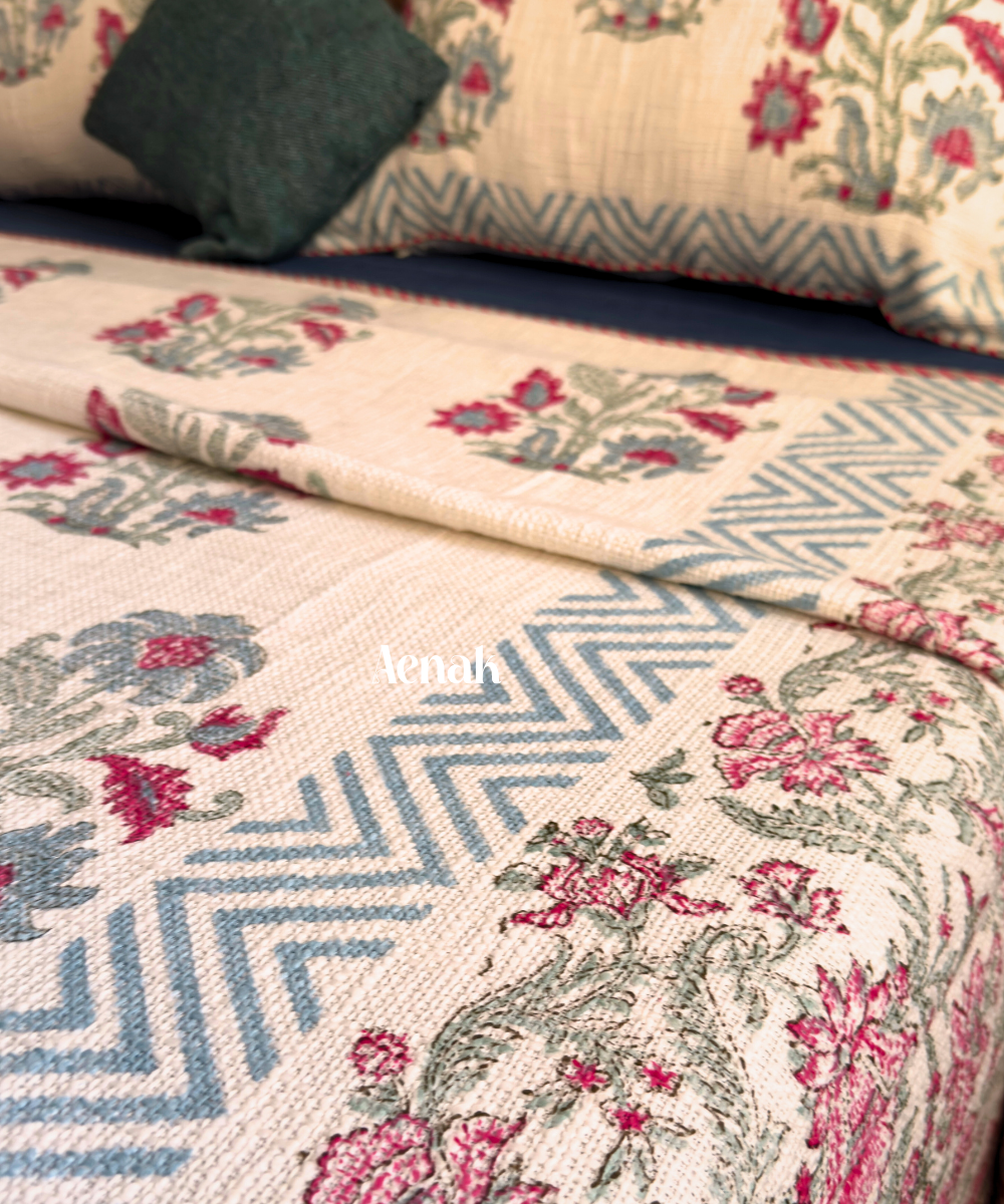 Burgundy Floral Handblock Printed Jute Cotton Bedcover