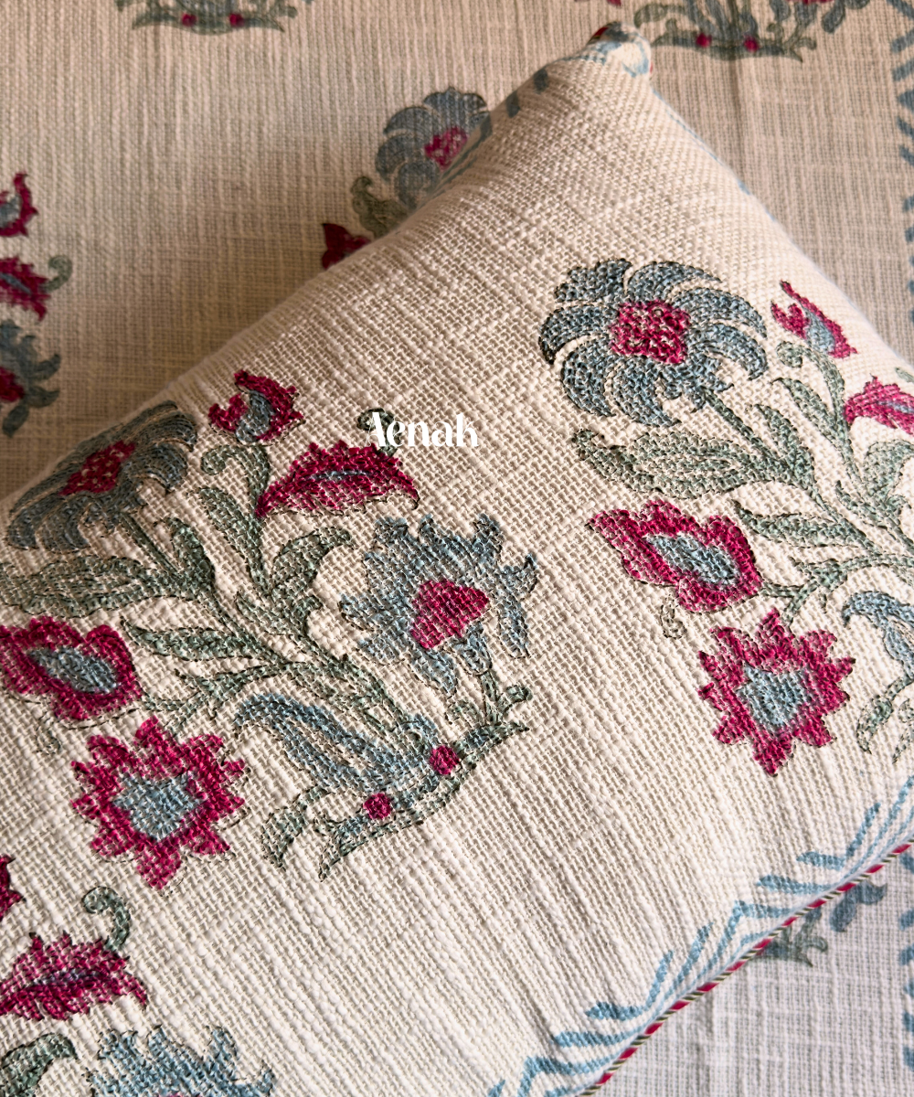 Burgundy Floral Handblock Printed Jute Cotton Bedcover