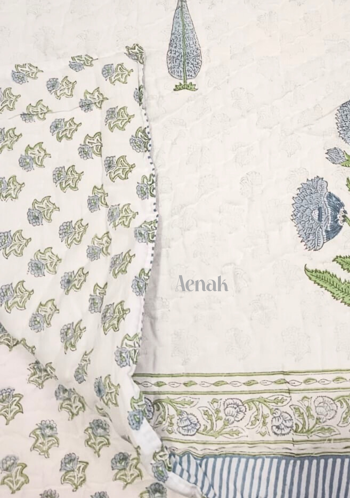 Blue Dahlia Handblock Bedsheet + Quilt Combo
