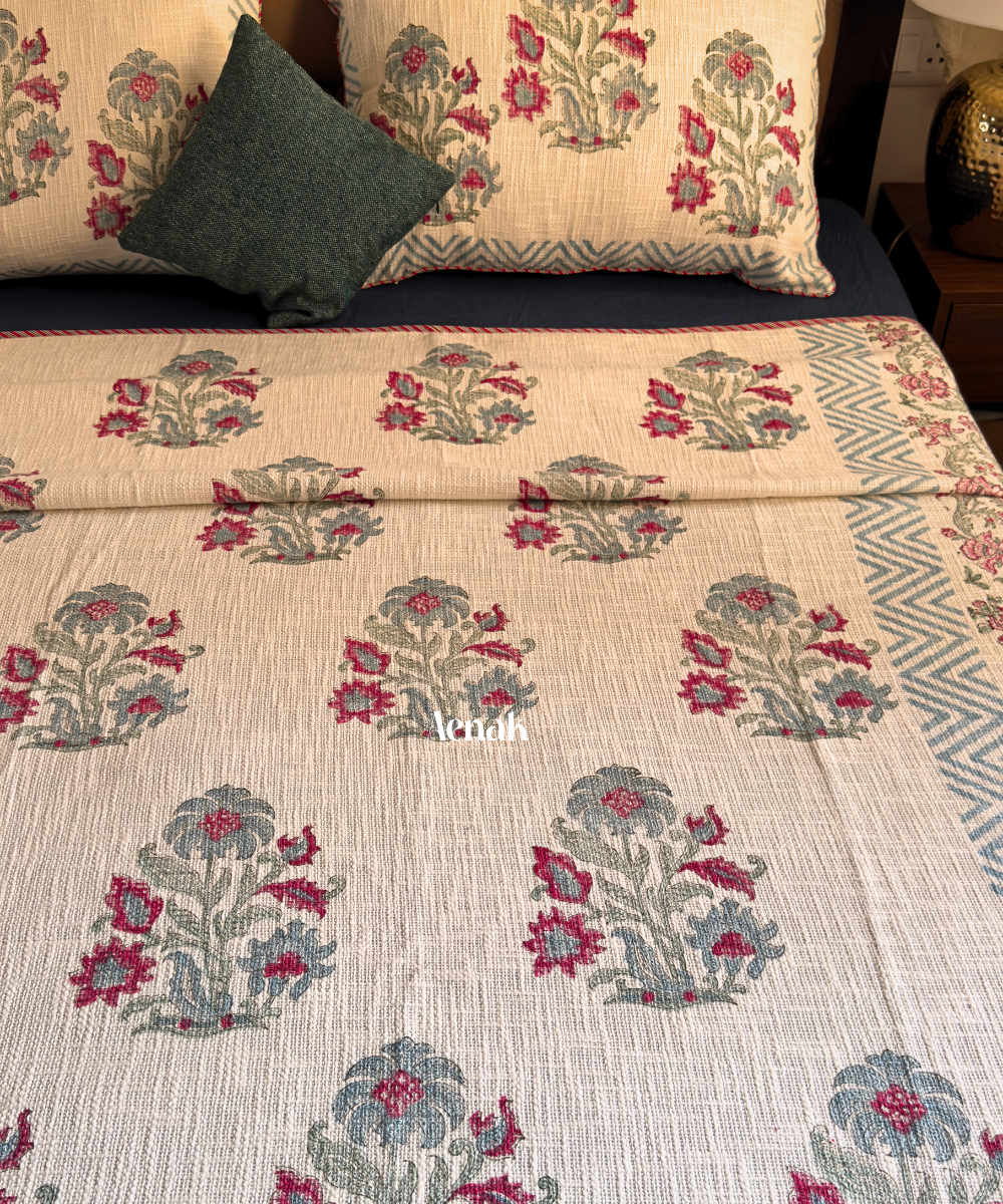 Burgundy Floral Handblock Printed Jute Cotton Bedcover