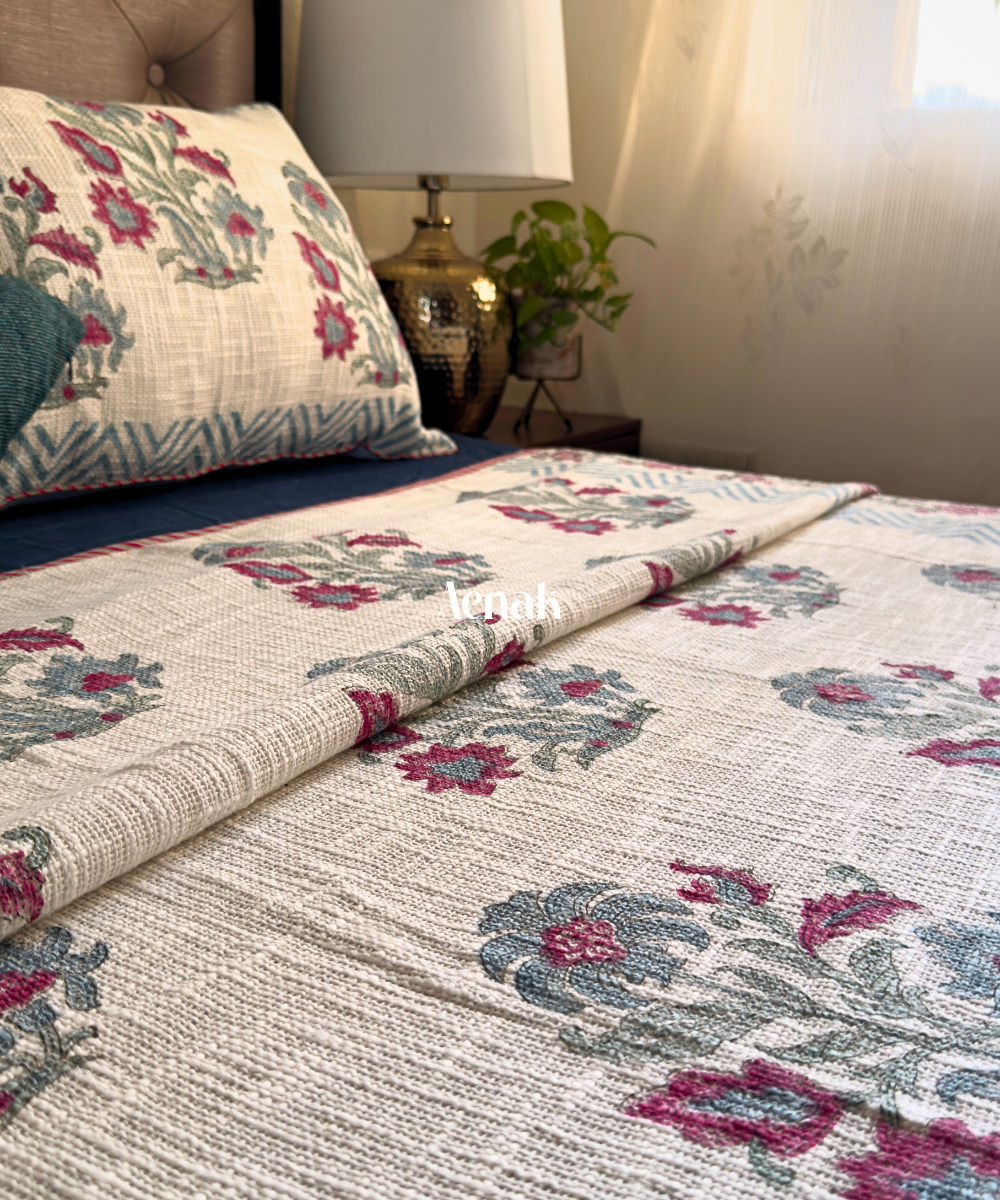 Burgundy Floral Handblock Printed Jute Cotton Bedcover