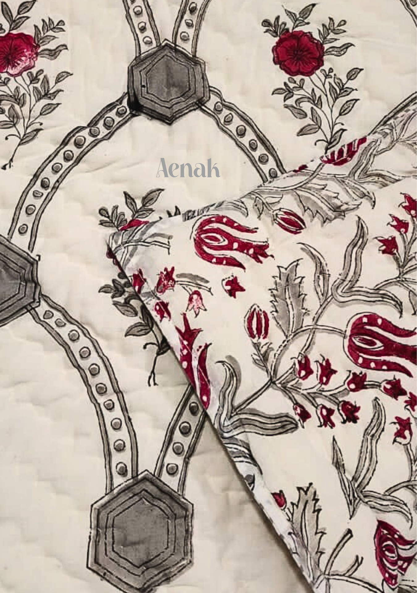 Grey Jaal Handblock Bedsheet + Quilt Combo