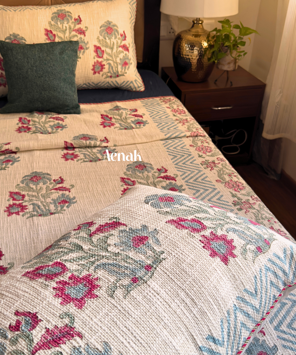 Burgundy Floral Handblock Printed Jute Cotton Bedcover