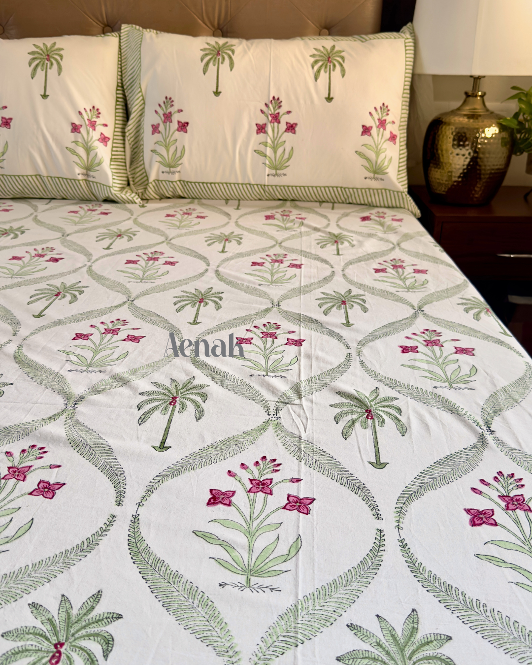 Green Palm Handblock Printed Premium Cotton Bedsheet