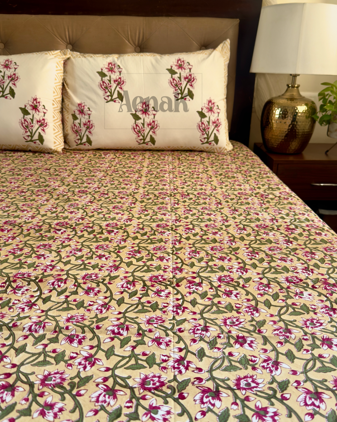Beige Floral Jaal Handblock Printed Premium Cotton Bedsheet