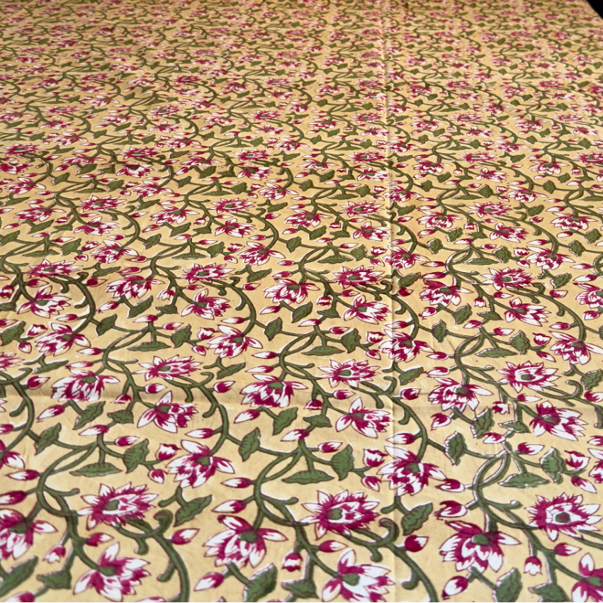 Beige Floral Jaal Handblock Premium Cotton Bedsheet Set