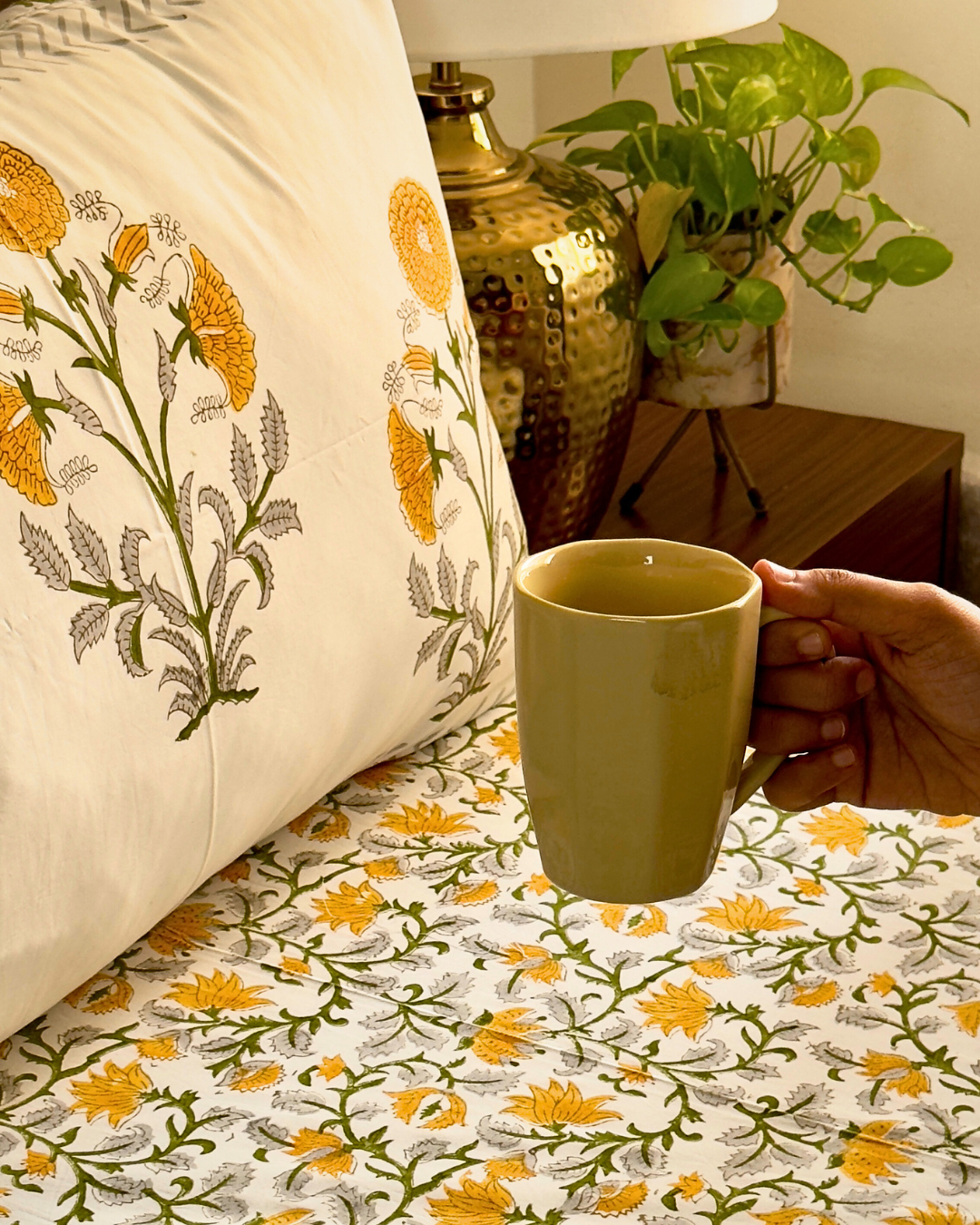 Yellow Marigold Handblock Printed Premium Cotton Bedsheet