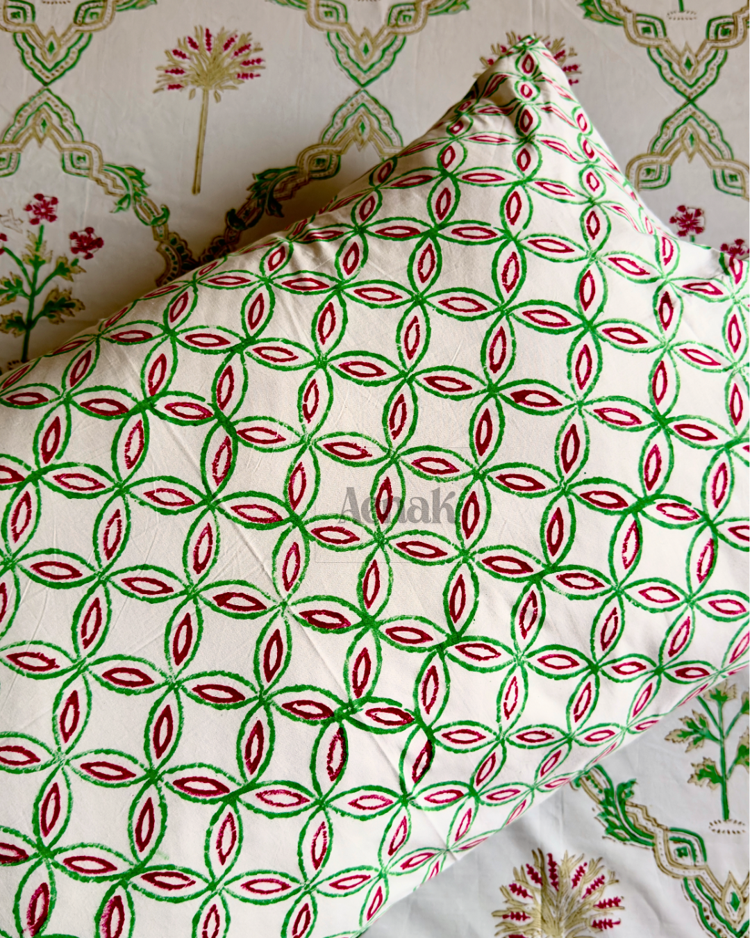 Pink Palm Jaal Handblock Printed Premium Cotton Fitted Bedsheet Set